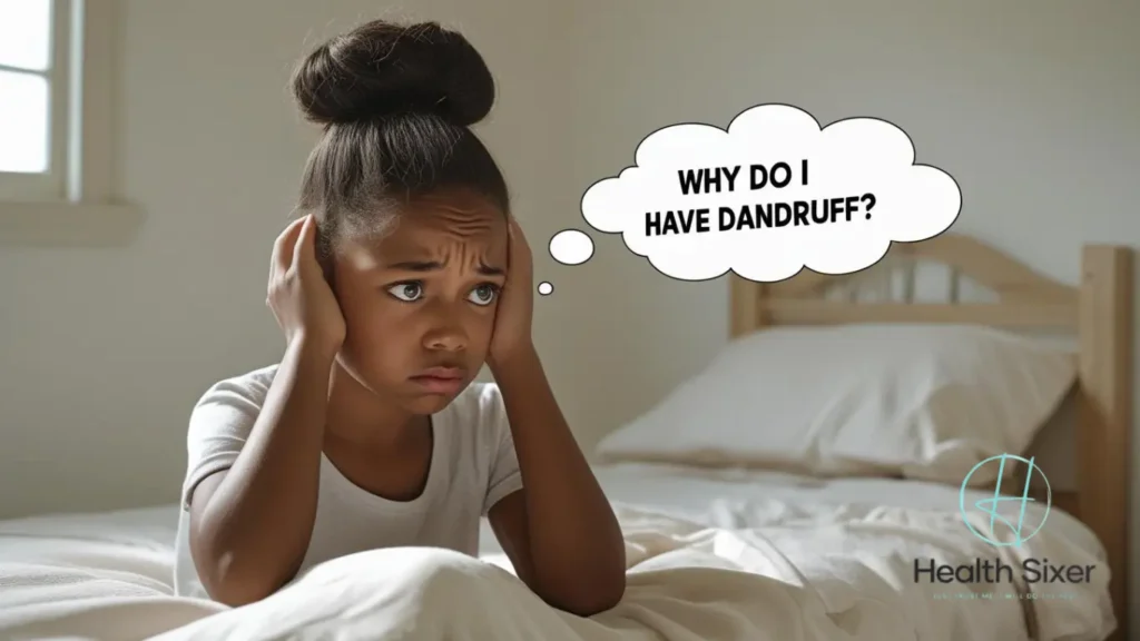girl is tring to know the root cause of dandruff
