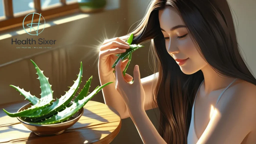 girl is applying aloe vera extract as anti-dandruff medication